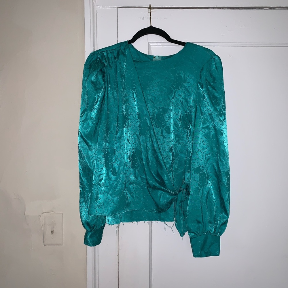 Classy silk teal shirt with floral design, Size 6